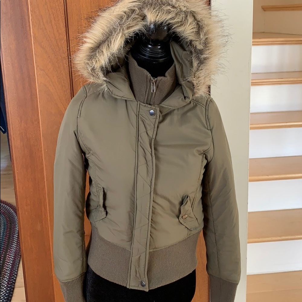 BP hooded Olive green bomber faux fur trim jacket